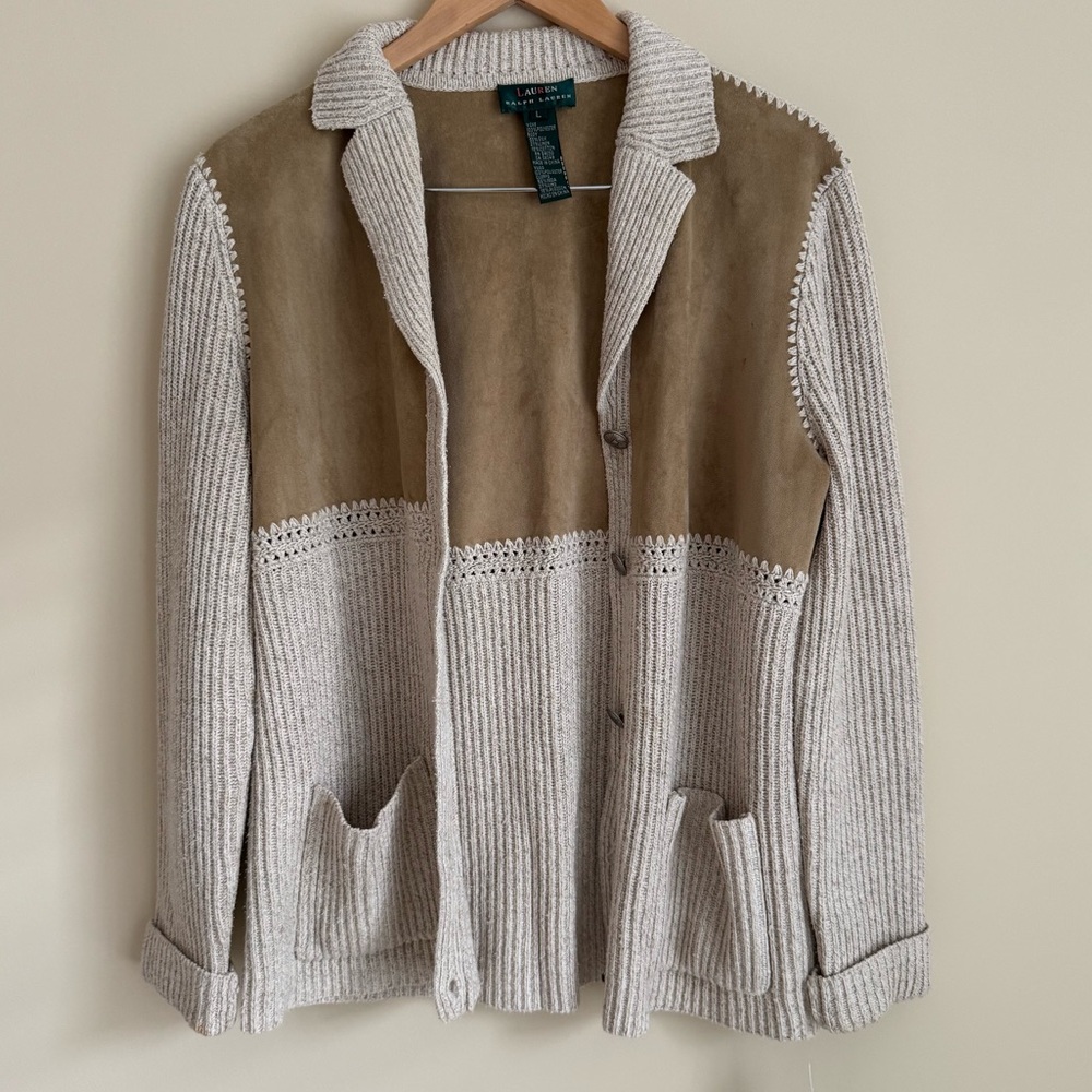 Lauren Ralph Lauren Beige and Tan Knit Cardigan with Suede Panel